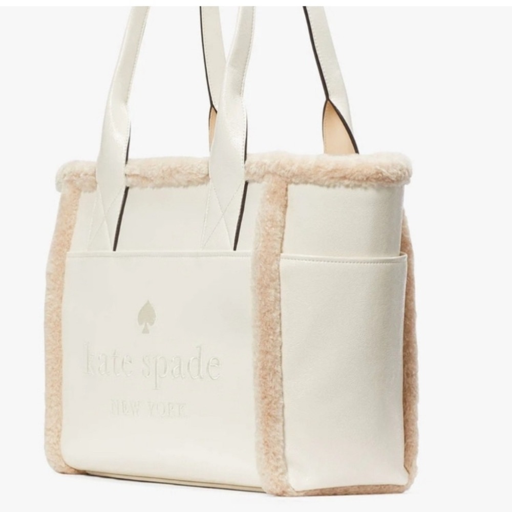 NWT kate spade Jett Faux Shearling Patent Leather Large Tote, Meringue White - Picture 4 of 15